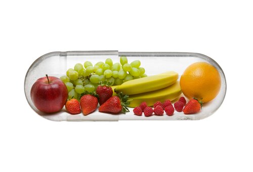 Fruit in pill|Sun and heads|Map of herbs|Bike made of veggies